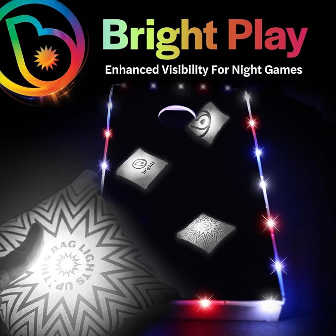 Brightz Cornhole Board Edge Lights with LED Bags - Includes 4-Pack of LED Cornhole Bags + TossBrightz Cornhole Board Edge Lights - The Ultimate Night Time Cornhole Master Set