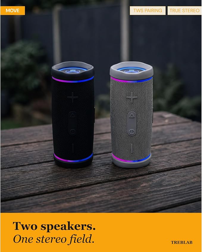 TREBLAB HD77 – Waterproof Bluetooth Speaker, 30W Loud 360° Sound, Deep Bass, IPX7, TWS Pairing, RGB Lights, 20H Battery, Portable Wireless Speaker for Outdoor, Beach, Camping, Party, Travel