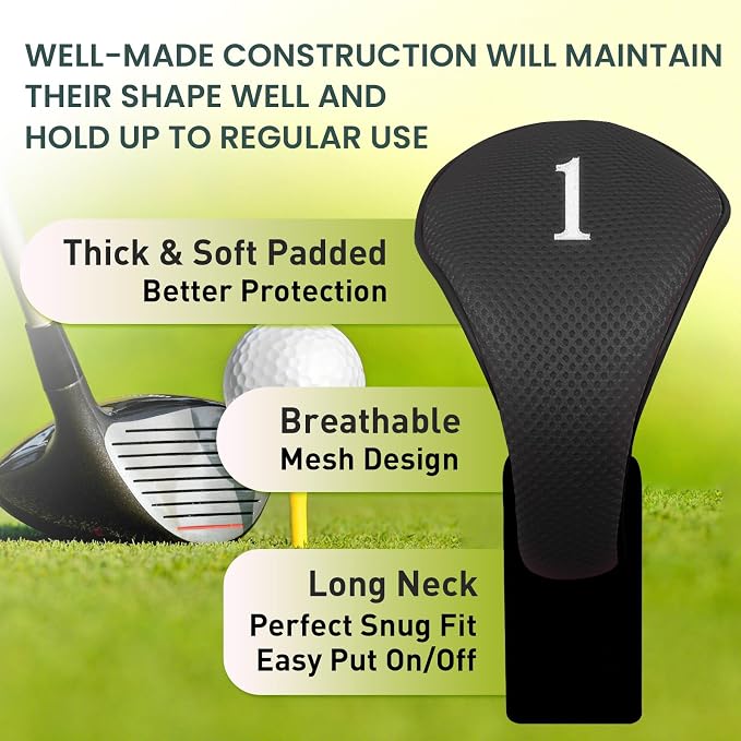 Golf Club Head Covers for Woods Driver Fairway Hybrids Value 6 Pack, Long Neck for Serious Protection with Interchangeable Tags 3 4 5 7 X, Headcovers for Men Women in Black & Pink