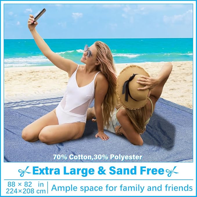 Oversized Turkish Beach Towel Blanket XXL Cotton Sandproof Towels Boho Woven Extra Large Big Sand Free Giant Throw Blankets Huge Quilt XL Picnic Camping Necessities Cloud For Adult Gifts Blue