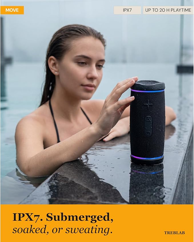 TREBLAB HD77 – Waterproof Bluetooth Speaker, 30W Loud 360° Sound, Deep Bass, IPX7, TWS Pairing, RGB Lights, 20H Battery, Portable Wireless Speaker for Outdoor, Beach, Camping, Party, Travel