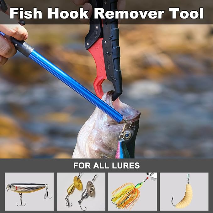 SNAIL TRAIL 7pc Fishing Tool Kit - 17" Pocket Fish Ruler & Knot Tying Guide, Split Ring Pliers, Braid Scissors & Bait Knife. Fish Lip Gripper, Hook Remover and Hook Keeper. Fisherman Gifts