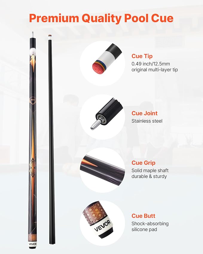 VEVOR Pool Cue, Pool Stick, 58 inch Billiard Pools Cue Stick with Multi-Layer Tip & ABS Connection Ring, Cues Sticks for Professional Pool Table, Bar, Home, Office