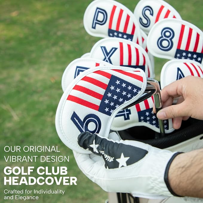 Magnetic Golf Iron Covers Premium Leather Iron and Wedge Golf Club Head Covers - Set of 10 Fits Most Clubs USA American Flag Head Cover Set Headcovers for Irons