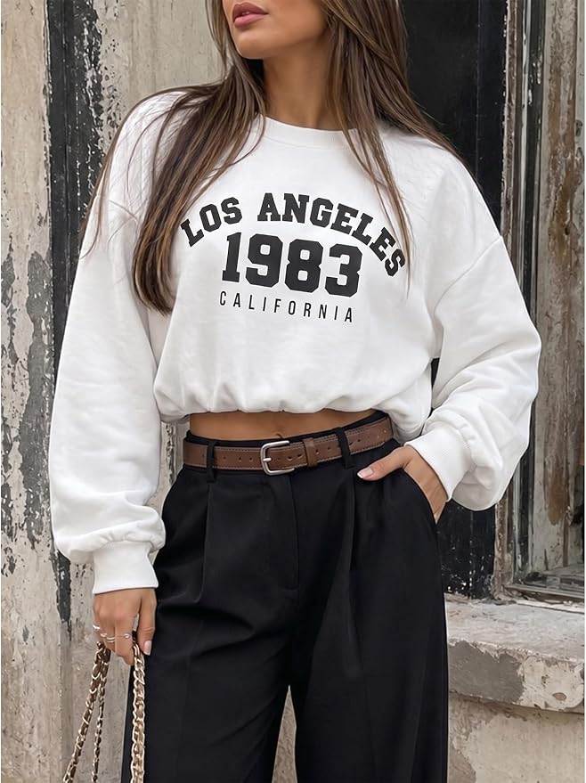 Flowyair Womens Crewneck Sweatshirt Los Angeles Elastic Waist Crop Tops | Long Sleeve, Loose Fit, Fall Spring, Pullover Tops, Round Neck, Elasticated Hem