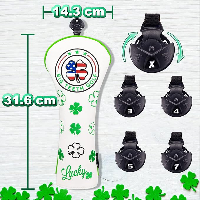 Big Teeth Golf Cover Lucky Clover Headcover Covers, Driver Fairway Wood Hybrid Headcovers Fits Blade Mallet Putter Iron and Woods with Magnetic White Shamrock Head Club Protector Leather