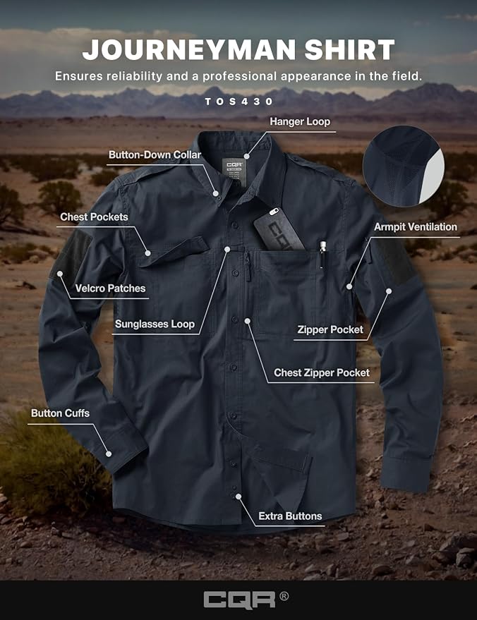 CQR Men's Long Sleeve Tactical Shirts, Ripstop Military Work Shirts, UPF 50+ Breathable Button Down Outdoor Hiking Shirt