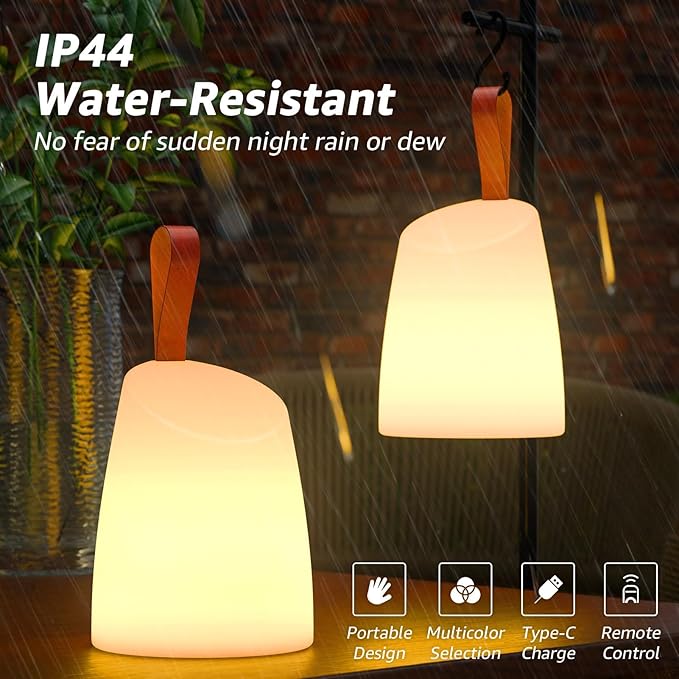 uuffoo 2 Pack Portable Outdoor Table Lamp LED Camping Lantern, Rechargeable Table Lamp with Remote, RGB & Warm White, IP44 Water-Resistant, Timer & Memory, Hanging Lantern for Patio, Garden, Camping