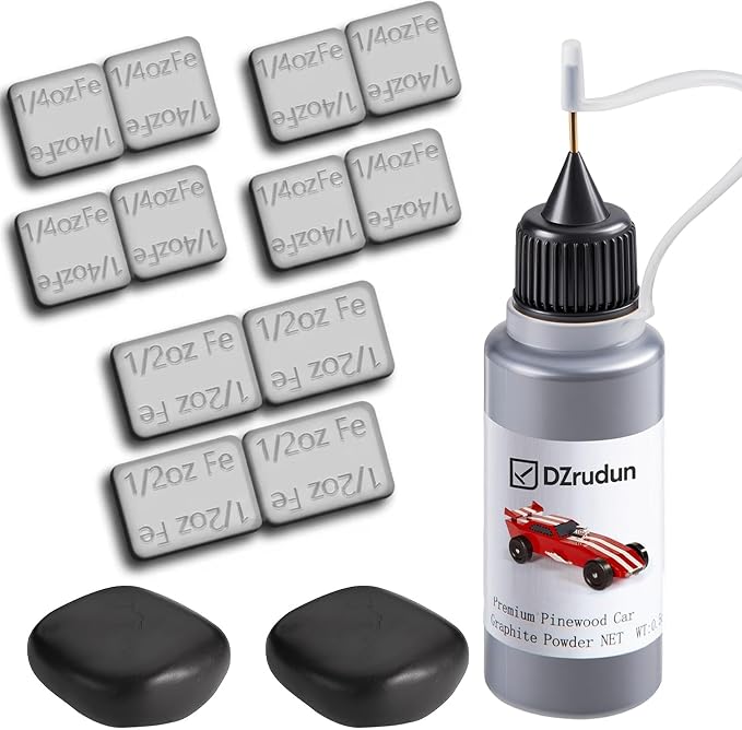 DZrudun Pinewood Car Weights Kit & Tungsten Putty-5oz Total(1oz Tungsten Weights Putty+4oz Derby Car Weights)+0.5oz Graphite Lubricant-Less Friction,No Drill All-in-One Derby Weights Kit for Max Speed