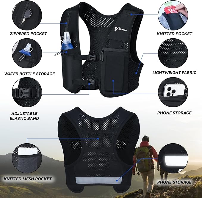 Running Vest for Women & Men, Adjustable Elasticated Sternum Straps Vest with 500ml Soft Flask, Fast and Free Reflective Running Vest, Designed for Running Marathon Trail Race Jogging Cycling