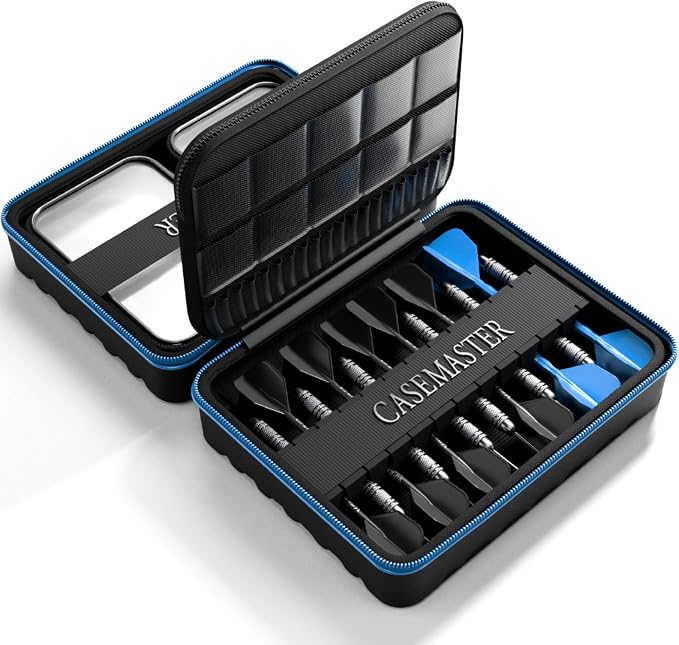 Casemaster Maxx 4 Dart Case, Holds 12 Steel Tip or Soft Tip Darts Fully Assembled, Hard Shell EVA Darts Case, 20 Accessory Pockets, Blue