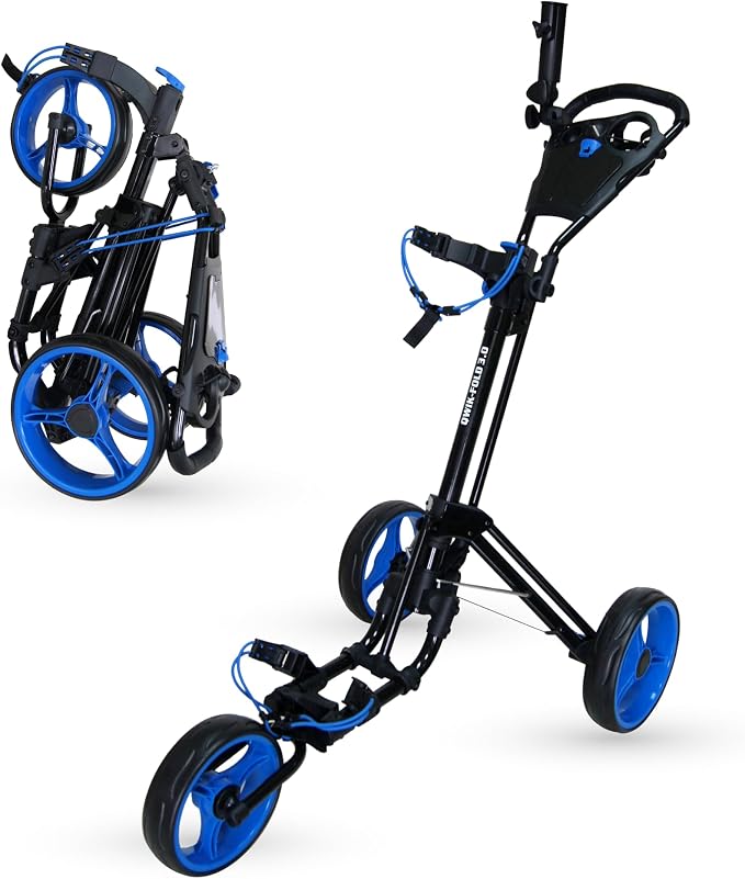 Qwik-Fold 3-Wheel Golf Push Cart with Foot Brake – 1-Second Fold & Unfold Folding Golf Trolley, Lightweight Aluminum Frame, Adjustable Handle, Ball-Bearing Wheels, Umbrella Holder & Storage