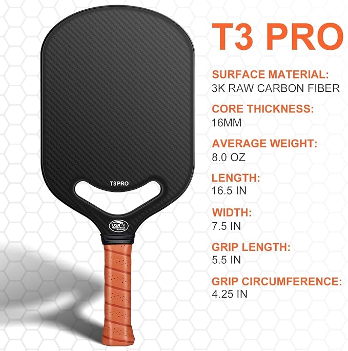 Carbon Fiber Pickleball Paddle with Aero Throat, USAPA Approved Pickleball Racket for Control, Polymer Honeycomb Core, Textured Carbon Grit Surface, 16mm Pickleball Paddles