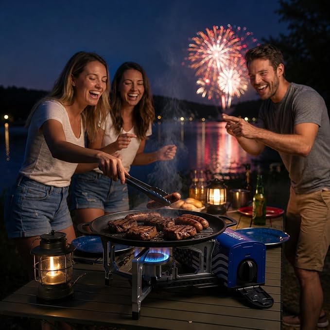 BIG HORN OUTDOORS Butane Camping Stove, Portable Folding Gas Burner with Carry Bag for Camping, Emergency Use, Outdoor Cooking & 4th of July Parties