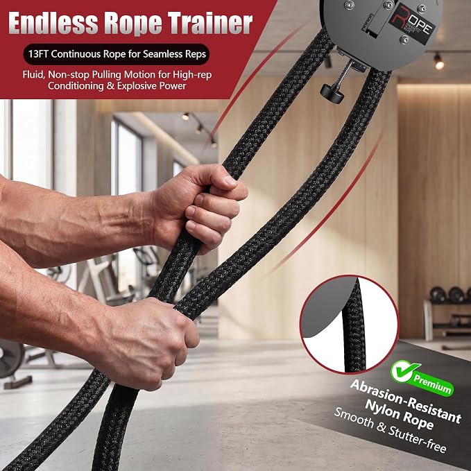 Endless Rope Trainer, Portable Endless Rope Machine for Home Gym Travel, 13FT Continuous Loop,0–66LBS Knob-Adjustable Resistance, Full Body Workout for Back, Arms, Chest, Shoulders, Core
