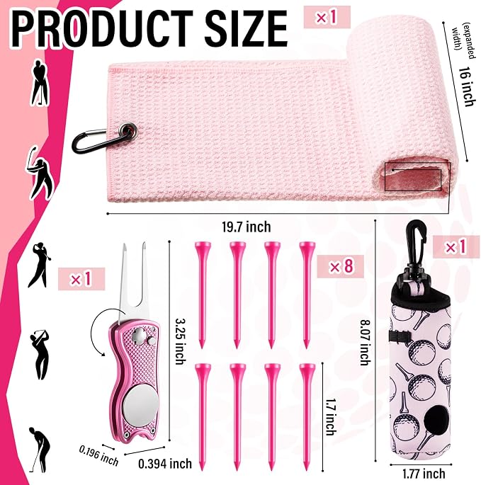 14 Pcs Pink Golf Accessories Set for Women, Golf Glove (fits 6.5 to 6.7" Hand, M/L), Microfiber Towel, Ball Bag with Clip, Tees, Magnetic Ball Marker, Divot Tool & Club Cleaning Brush