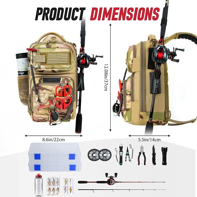 Fishing Sling Bag, Fishing Bag With Rod Holder Fixed Stickers, MOLLE System, Soft Bait & Gear Storage, Gift for Men, Khaki