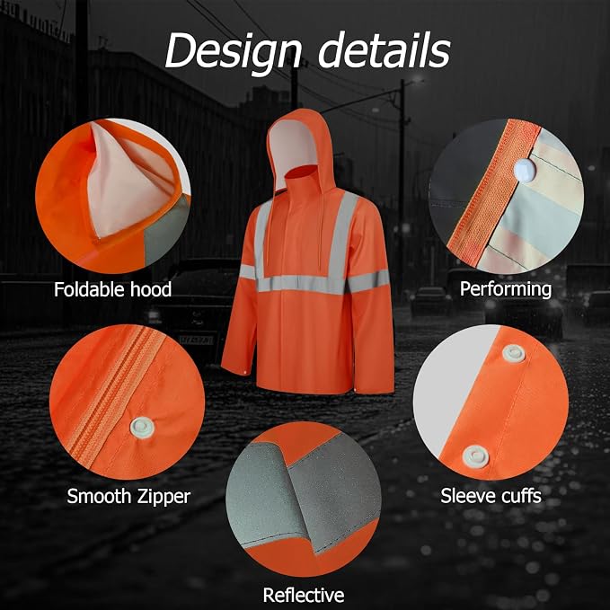 High Visibility Rain Suit, High Vis Rain Suit for Men, Waterproof Rain Jacket with Hood, Class 3 Lightweight Hi Vis Rain Gear for Outdoor & Safety Work, Men Women, Orange T, 4XL-5XL