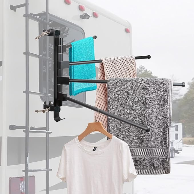 RV Clothes Drying Rack, 4 Arms 15.3" Aluminum for Ladder/Camper/Boat | Aluminum, 304 stainless hardware. 60Lbs capacity. 30s install, no drilling. Fits ladders, boats, RVs, campers, homes