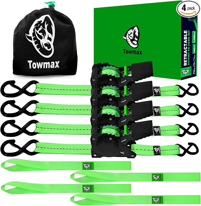 Retractable Ratchet Straps(4 Pack) - 1in x 10ft Self Retracting Ratchet Straps with Soft Loops, 1,500 lbs Break Strength Retractable Tie Down Straps, Easy Retract for Motorcyle, Cargo, Truck, Trailer