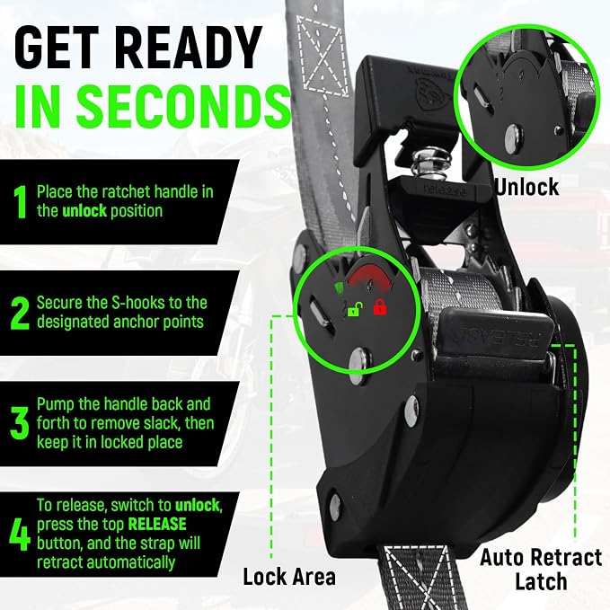 Retractable Ratchet Straps (Patented-4pack) - 1 inch x 10Feet (1,800lb Break Strength) Auto Self Retracting Tie Down Straps - Self Retractable Straps with Refletcive for Motorcyle, Truck or Cargo