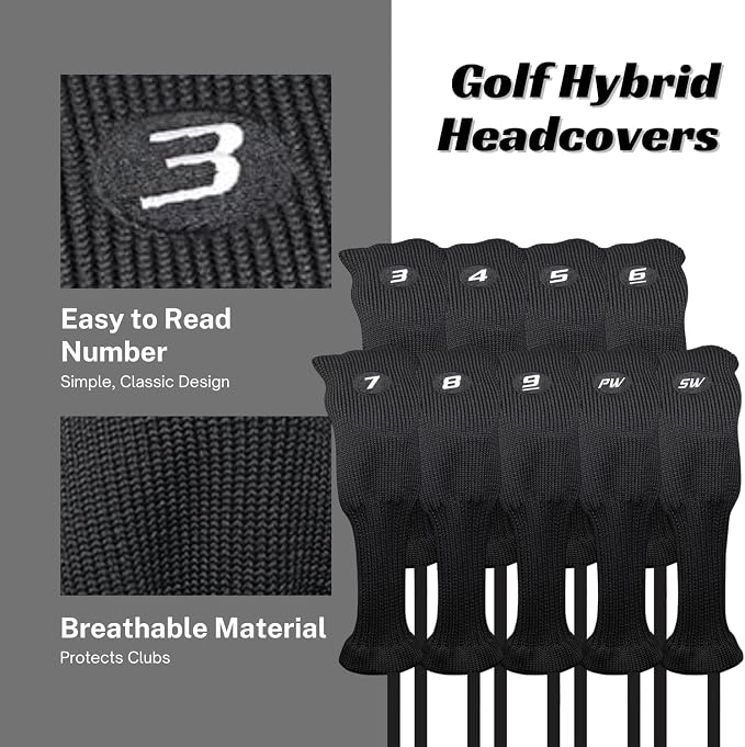 Majek All Hybrid Golf Club Black Sleek Tight Fit Headcover Set 3-SW Acrylic Head Covers 3 4 5 6 7 8 9 PW SW (Total of 9 Hybrid Head cover Set)