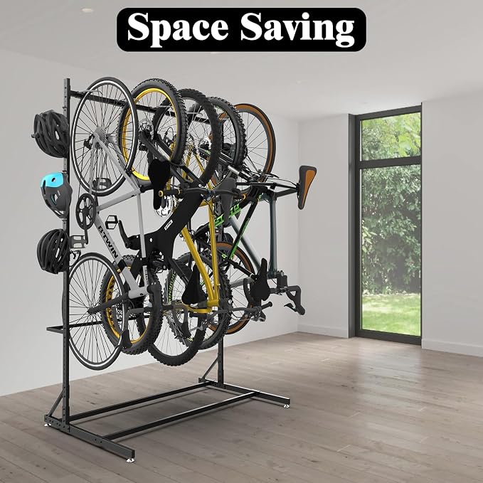 400LBS Floor Bike Rack Garage Free Standing with 5 Hooks, Vertical Bike Stand Bicycle Storage, Bike Hangers for Garage Indoor Use for 5 Bicycles, Heavy Duty Metal Black Floor Mount