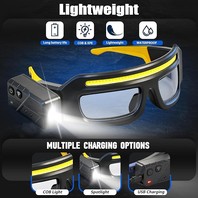2Pack Rechargeable Headlight Glasses,Rechargeable Headlamp, 5 Modes Safety Glasses with Light,Waterproof Head Light for Running, Cycling, Camping,Night Work