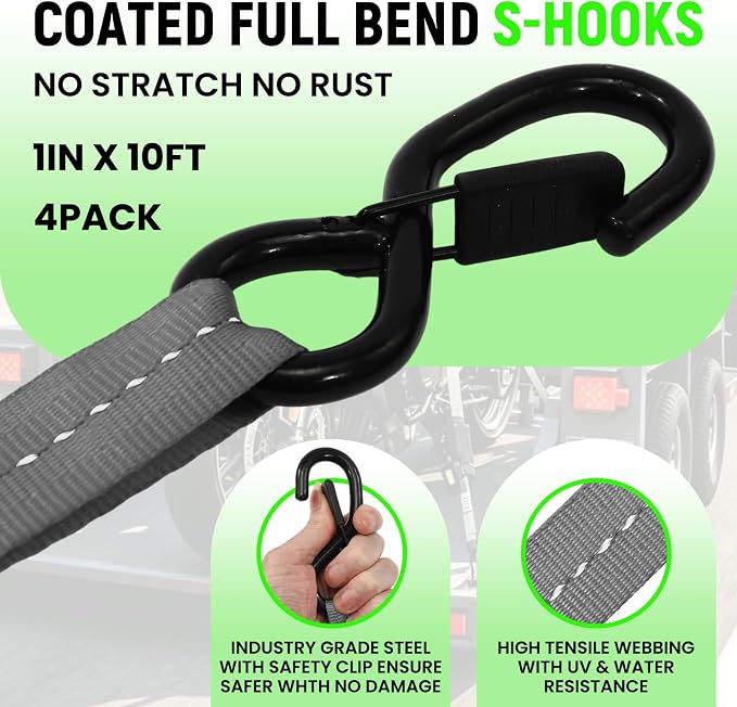Retractable Ratchet Straps (Patented-4pack) - 1 inch x 10Feet (1,800lb Break Strength) Auto Self Retracting Tie Down Straps - Self Retractable Straps with Refletcive for Motorcyle, Truck or Cargo
