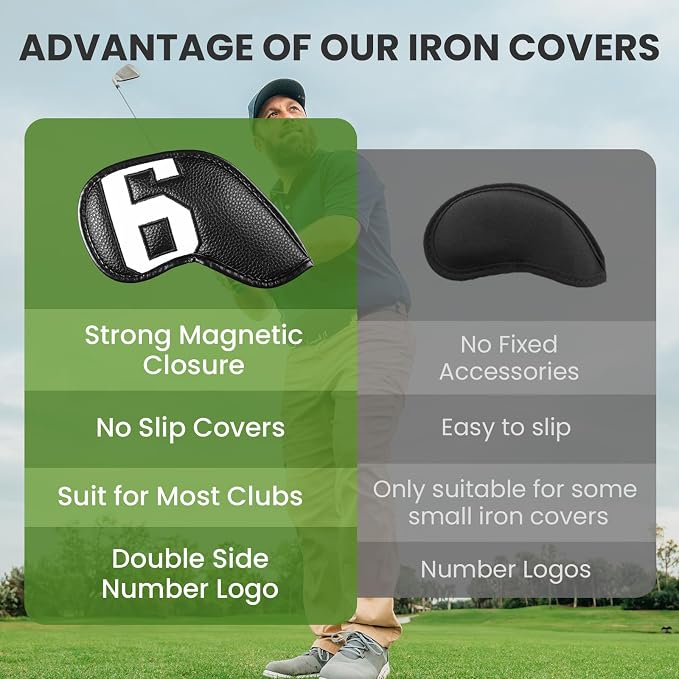 Golf Iron Covers Set Strong Magnetic Closure Value 10 Pack, Double Side Number Synthetic Leather Deluxe Club Headcover, Universal Head Cover Fit Main Irons Clubs for Women Men
