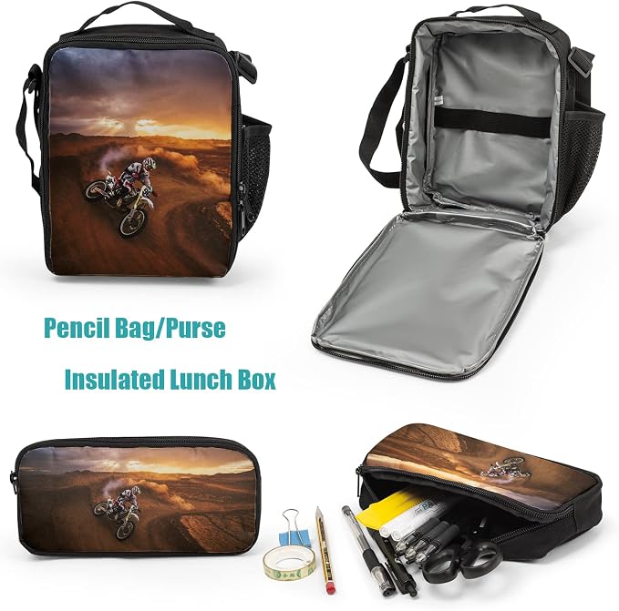 Giwawa Cool Dirt Bike Motocross School Backpacks for Teen Boys Motorcycle Vehicle in Desert Backpack School Bookbag Set Lunch Bag Pencil Case
