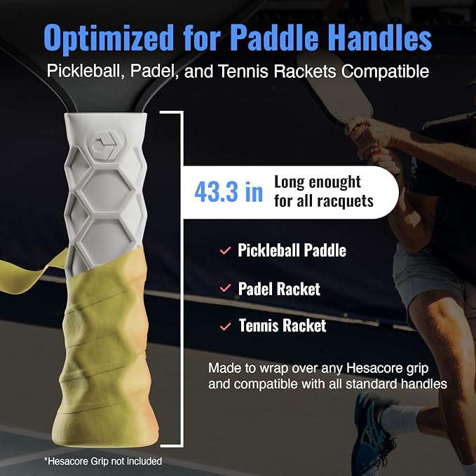Hesacore Pickleball Bundle – Standard Grip White Size S (5.25”) + Hesatac Overgrip Yellow Tape 12-Pack – Anti-Sweat Control, Enhanced Stability, Reduced Vibration