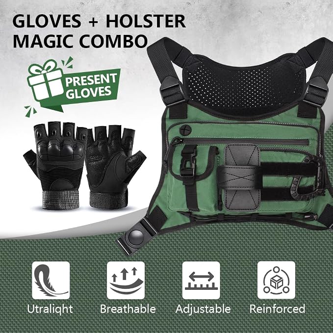 Outdoor Sports Chest pack for men with Gloves, EDC Chest bag for Travel, Lightweight Chest Rig Pouch, Tactical Running Chest Vest for Hiking, Cycling, Fitness, Motorcycle Riding, Workouts