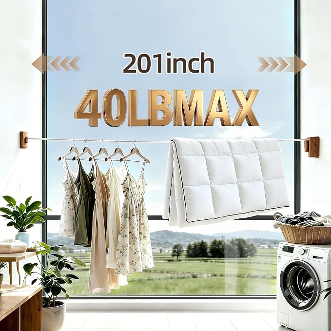 Anti-Sag Retractable Clothesline 40LB Capacity - 201in Stainless Steel Laundry Line for Indoor Outdoor, Wall Mounted Space Saving Easy Install (Wood Grain, Single line)
