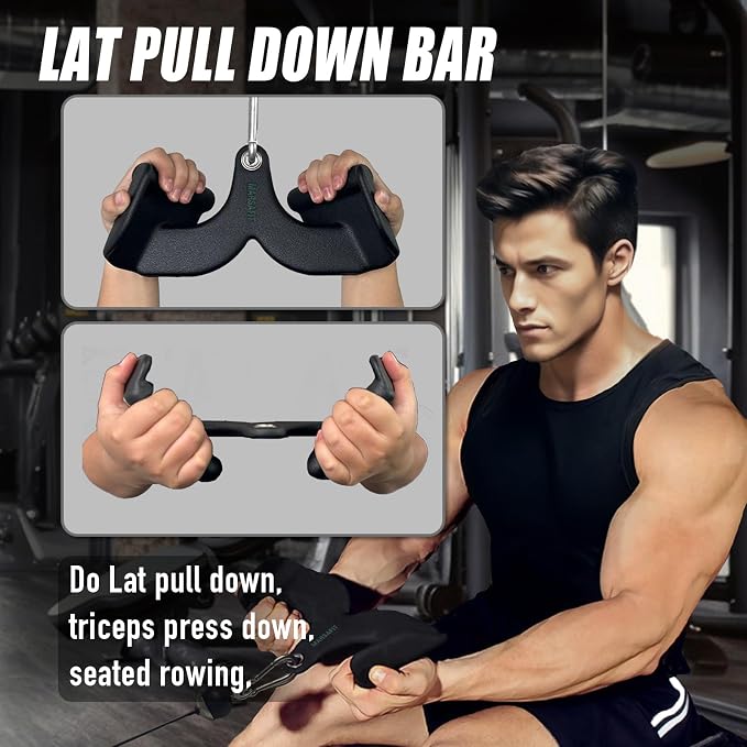 MARSAFIT Home Gym Fitness Rowing T-bar V-bar Pulley Cable Machine Attachment, Bicep Curl Tricep LAT pulldown Bar Back Strength Training Handle Grips LAT Pull Down Bar for Seat Row Workout