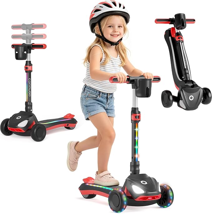 Electric Scooter for Kids with 3 LED Lighted Wheels, Adjustable Height & Lean-to-Steer, Anti-Slip Deck with Lights, Easy-Fold Mechanism, Balance Scooter for Kids,Toddlers