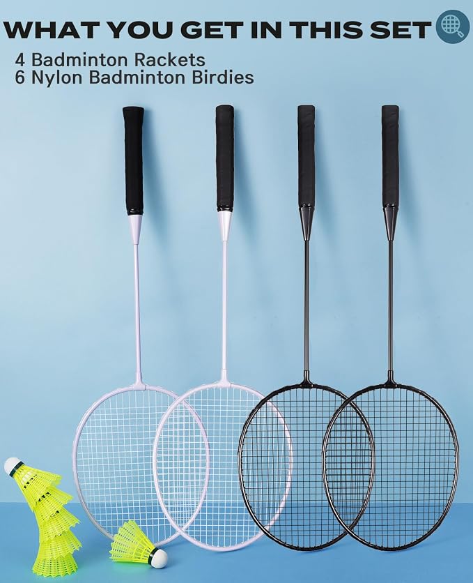 AboveGenius Badminton Rackets Set of 4 for Outdoor Backyard Games, Including 4 Rackets, 6 Nylon Badminton Shuttlecocks, Lightweight Badminton Racquets for Beginners