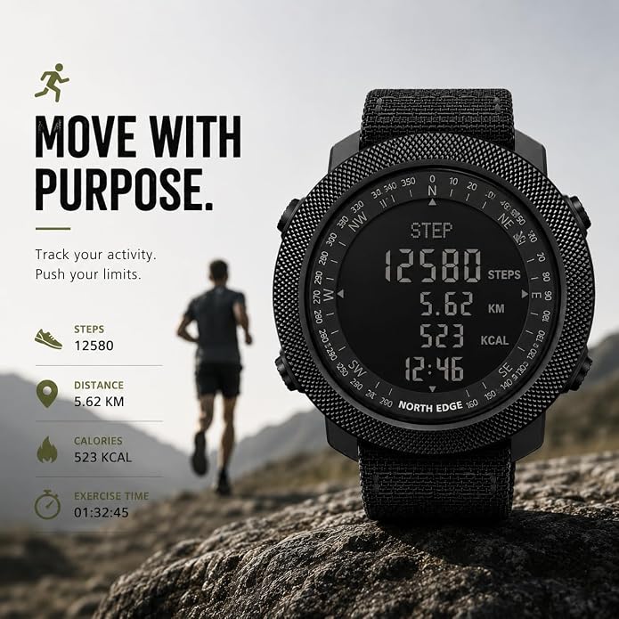 NORTH EDGE Apache Men’s Digital Tactical Watch, Outdoor Sports Watch with Compass, Altimeter, Barometer, Pedometer, Weather Trend, EL Backlight, 50M Water Resistant Hiking Watch