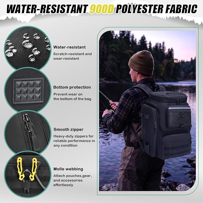 HAMBOLY Fishing Backpack 45L with Rod Holders, Water-Resistant Tackle Backpack for Fishermen, Large Capacity Fishing Gear Bag for Travel Hiking Camping