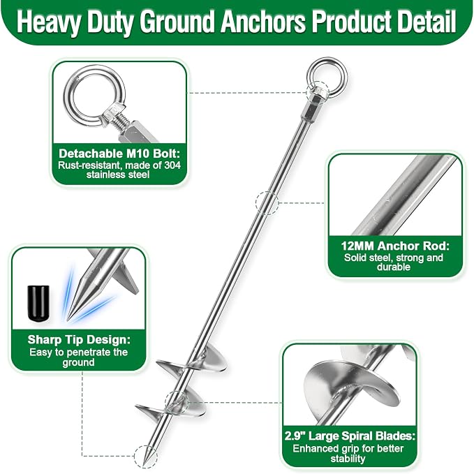 Ground Anchors Heavy Duty for High Wind Tie Down, 6 Pack 30" Shed Anchor Kit with1/4 Stainless Steel Cable & 6 Turnbuckles, Screw-in Trampoline Anchors for Swingset Carport Canopy Gazebo