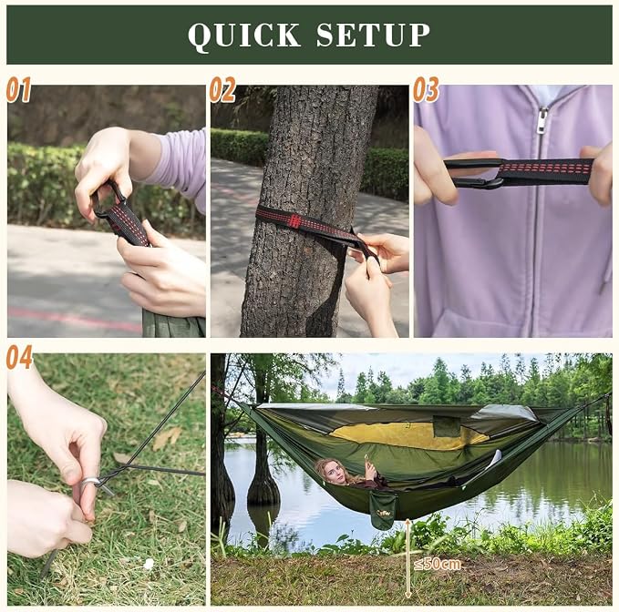 CYFIE Camping Hammock with Net, 440 lbs Portable Hammock with Tree Straps and D-Shape Carabiners, Parachute Nylon Hammock for Outsides Backpacking Hiking Beach Patio