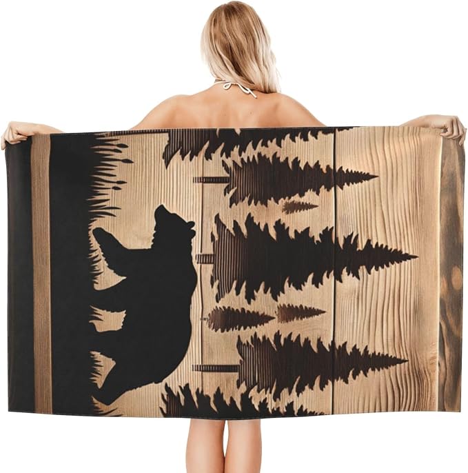 Rustic Bear Beach Towel, 32x52in Microfiber Quick Dry Gold Pine Forest Woodcut Silhouette Nature Bath Towels, Soft Lightweight Oversized Sand Free, for Travel Pool Swimming Gym Decor, Gifts