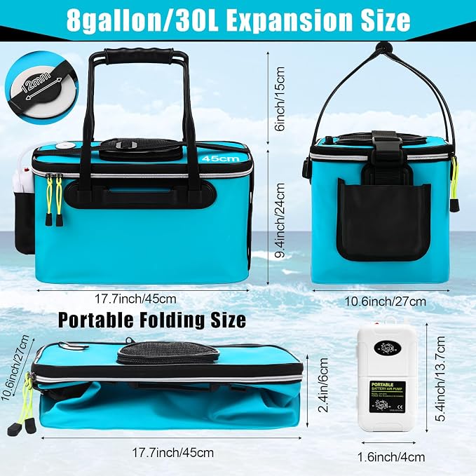 2 Pcs Fishing Bucket and Live Bait Aerator, Foldable Multi Functional Live Bucket Portable Quiet Aerator Outdoor Camping Fishing EVA Bag