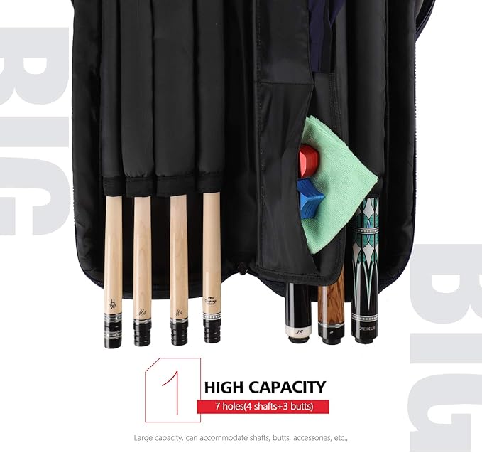 KONLLEN Pool Cue Case 3x4 Oxford Pool Stick Case Holds 3 Butts and 4 Shafts Billiard Sitck Large Capacity Carrying Cases with Multi-Pocket Pool Cue Accessories
