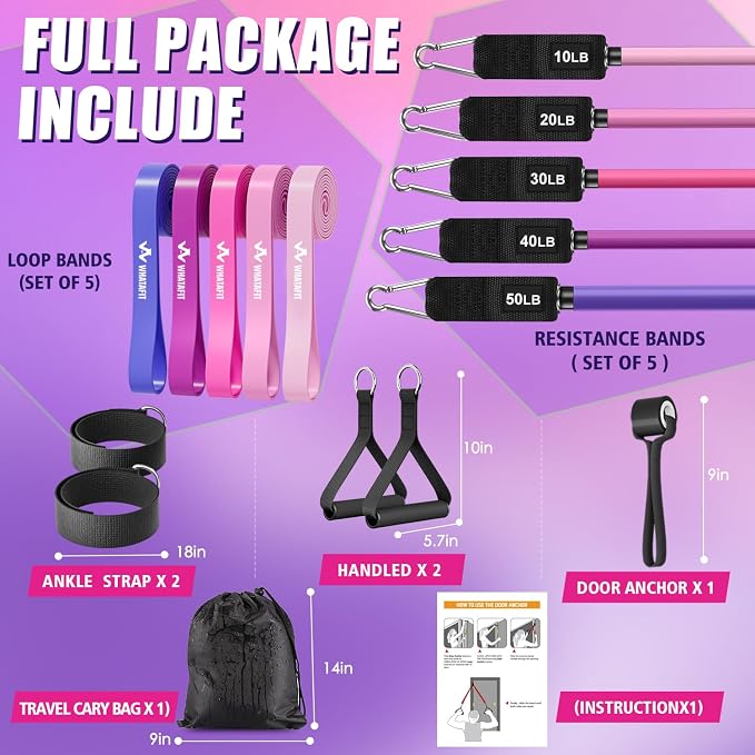 WHATAFIT Resistance Bands, Exercise Bands, Workout Bands with Handles, Door Anchor and Ankle Straps, 5 Resistance Levels Fitness Bands for Strength Training, Physical Therapy, and Home Gym Equipment