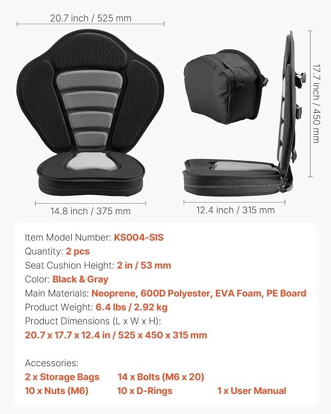VEVOR Kayak Seat, Universal Paddle Board Seat with Adjustable Back Support, Multiple Thickness Options (0.5” to 2.6”), Soft Padded Cushion & Storage Bag for SUP, Canoe, Fishing Boat, Inflatable Kayak