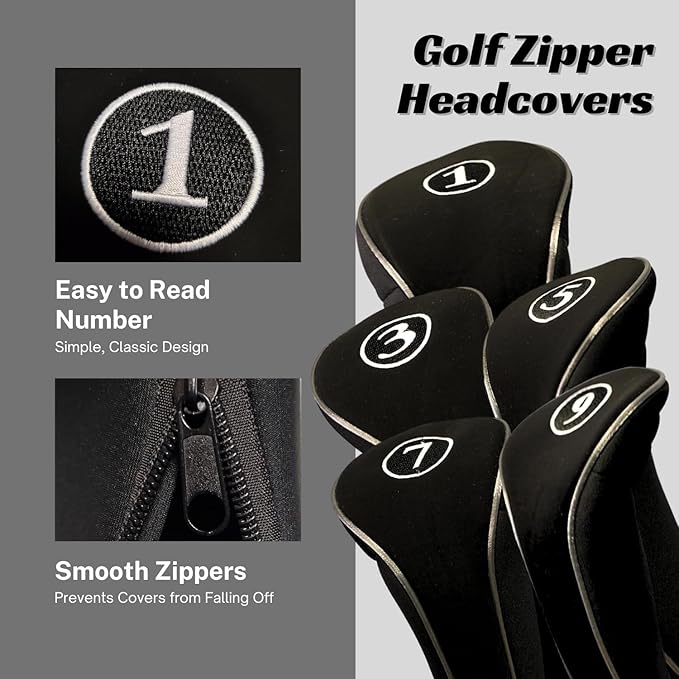 Black Golf Zipper Head Covers Driver 1 3 5 7 9 Fairway Woods Headcovers Metal Neoprene Traditional Plain Protective Covers Fits All Fairway Clubs