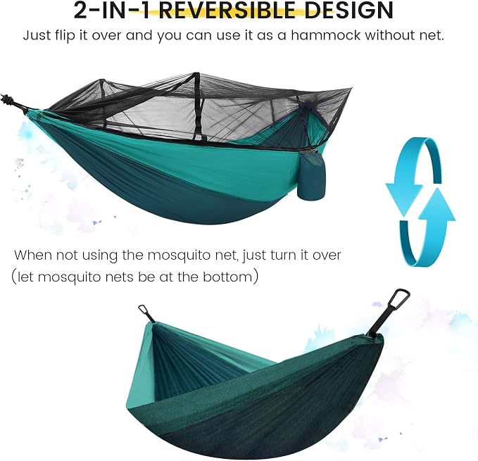 Camping Hammock with Mosquito Net & Rain Fly Tent Tarp & Tree Straps Portable Strong Nylon Hammock Parachute Tent w/Storage Bag for Camping Hiking Backyard Outdoor Backpacking Travel