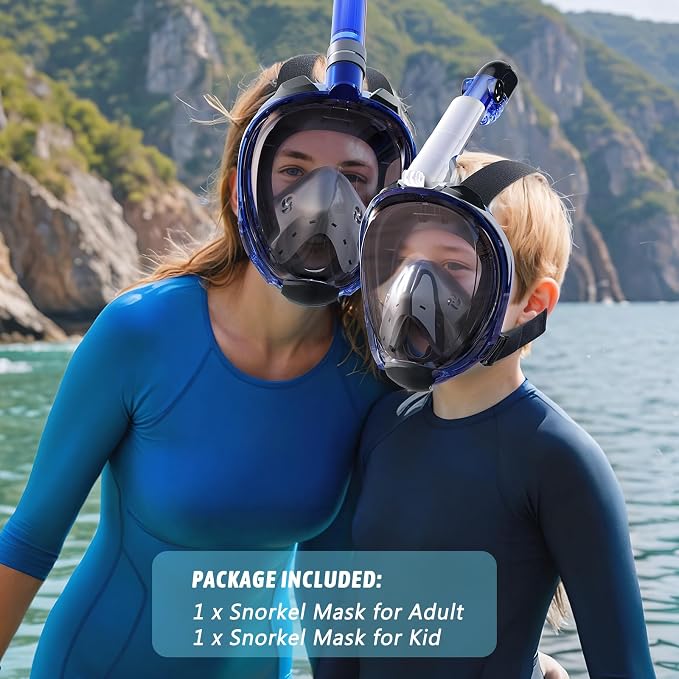 Greatever G2 Full Face Snorkel Mask for Adults Kids, 2 Pcs Snorkeling Set with Foldable Design, Dry Top System, 180° Panoramic View, Anti-Fog & Anti-Leak, Safe Breathing with Camera Mount Included