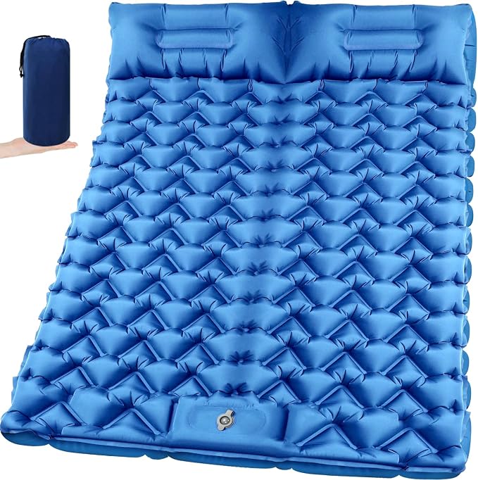 Sleeping Pad for Camping 2 Person, Double Camping Pad with Built-in Foot Pump and Pillow, Inflatable 4in Extra-Thick Ultralight Air Mattress for Backpacking, Hiking, Travel, Tent, Car, Gift